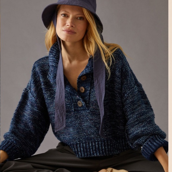 Anthropologie Marled Henley Sweater in Navy Blue - Picture 3 of 13